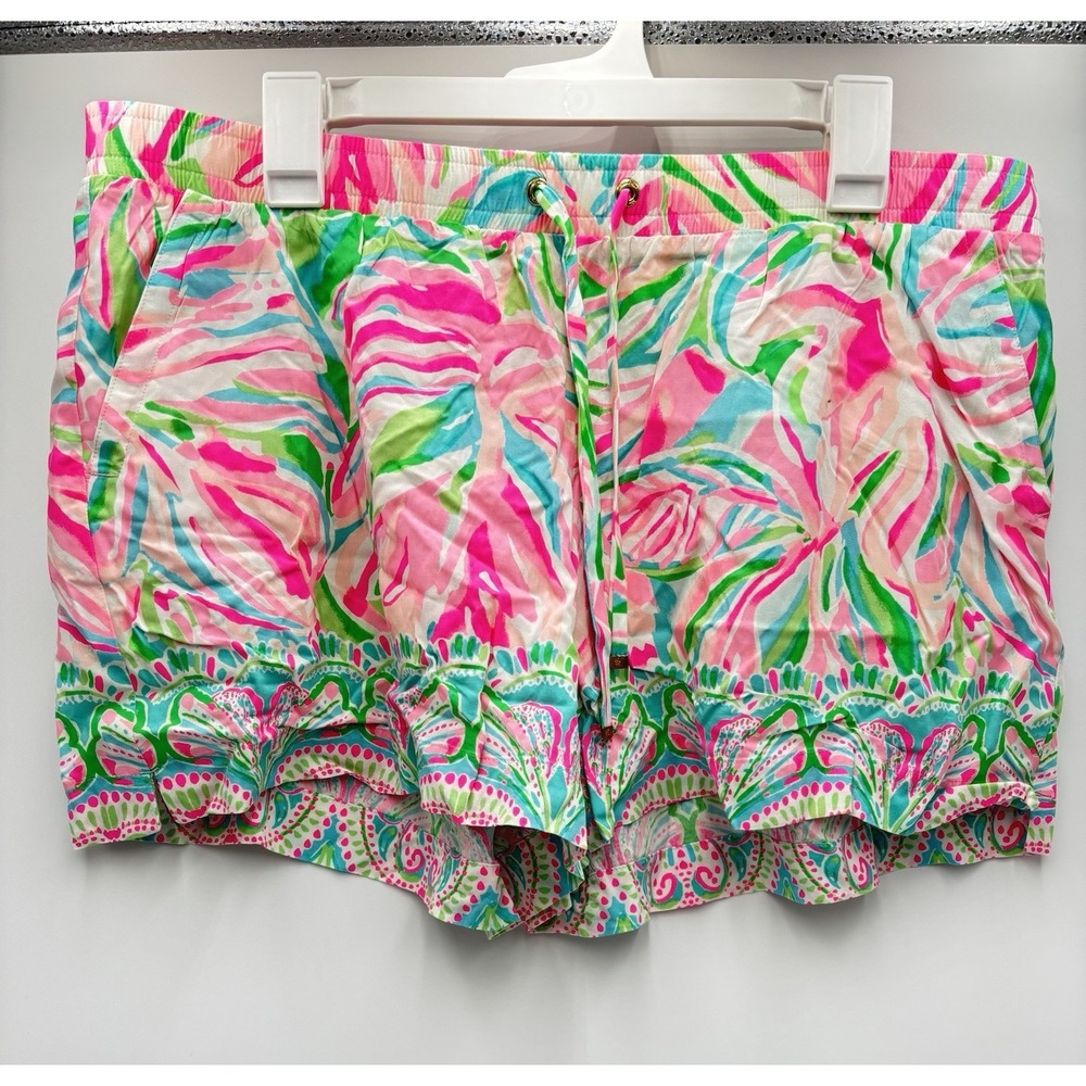 Lilly Pulitzer XL Ruffle Hem Shorts Pink Green Blue Tropical Rayon Pull On - Picture 2 of 10